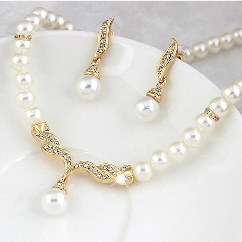 Perlen Schmuckset Damen Halskette + Ohrringe Gold Brautschmuck Hochzeit Collier - Bild 3 von 4