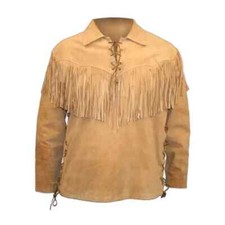 New Mountain Men Suede Leather Shirt with Fringes and Leather Lacing