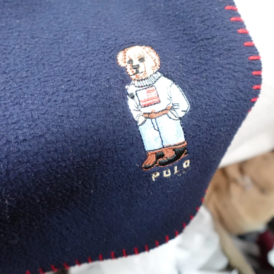 Vintage Ralph Lauren Polo Bear Blanket Fleece Blue Throw Cover Y2K 68x51 - Image 3 of 4