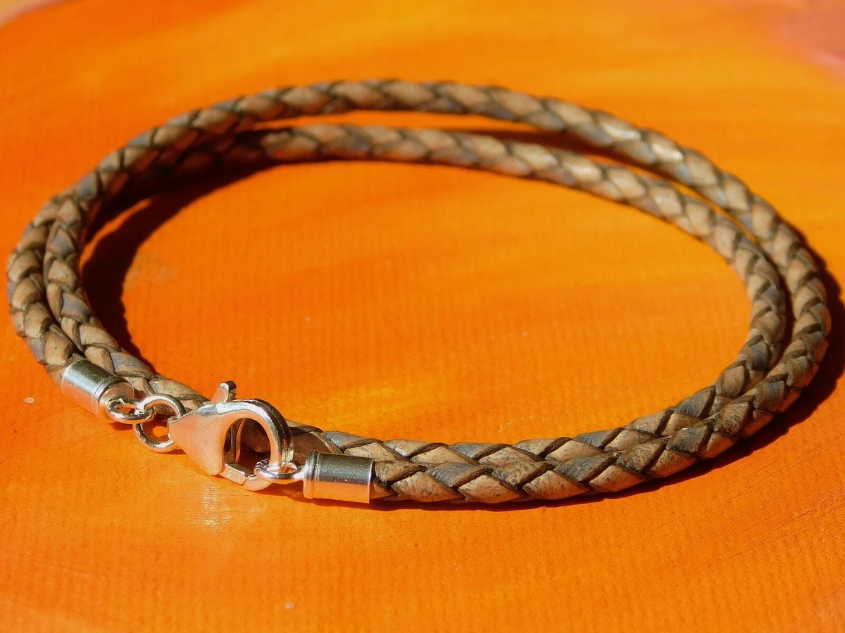 Mens Ladies 3mm Antique Beige leather sterling silver bracelet