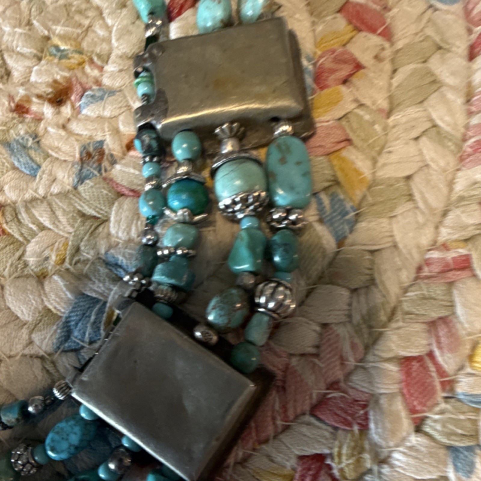 Beaded Necklace Turquoise Rectangular Silver Pend… - image 8