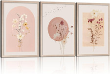 Framed Watercolor Flower Wall Art - 3 Pcs Vintage Floral Canvas Decor 12"x16
