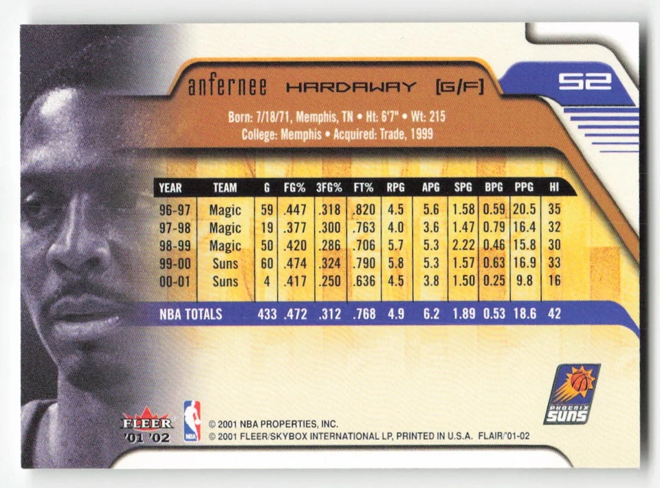 2001-02 Flair #52 Anfernee Hardaway - Image 2 of 2