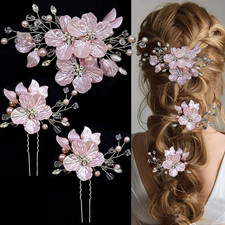3 PCS Large Flower Bridal Wedding Hair Pins - Crystal Glitter Emboss Pink Flower