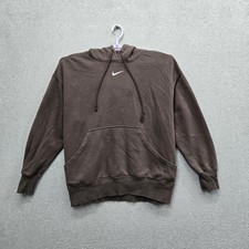 Nike Men Hoodie L Brown Fleece Embroidered Logo Center Mini Swoosh Pullover READ