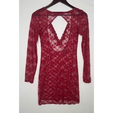 Victorias Secret Red Lace Long Sleeve V Neck Cutout Mini Dress M