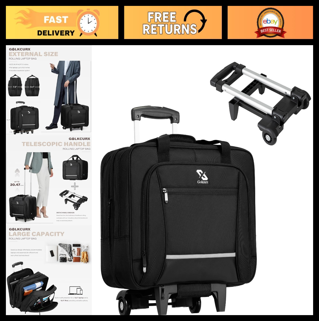 Rolling Laptop Bag with Wheels, Water-Repellent Briefcase fo