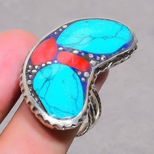 Tibetan Turquoise Red Coral Handmade Boho Nepali Jewelry Adjustable Ring SR 3402