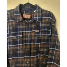 Orvis Mens XL Heavy Flannel Plaid Button Down Shirt Navy Brown Shacket Pockets