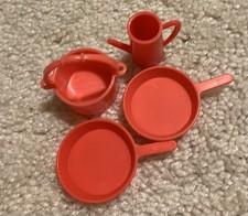 VTG Barbie doll cookware camping pots pans pitcher red 4 pc kitchenware EUC 