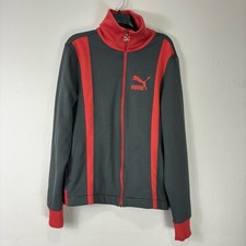 Puma Full Zip Track Jacket Gray Red Logo Size Large Athletic Retro Style