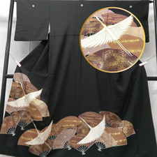 Crane WIDE LONG Vintage Black Tomesode Silk Japanese Kimono Robe Gown 1784