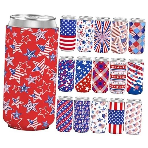 250 Years America Slim Can Cooler Sleeves, 16 Pack 250 12oz Slim US Flag