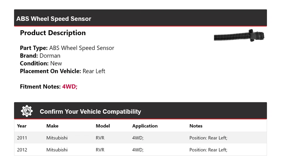 Sensor de velocidad de rueda trasero izquierdo para Mitsubishi RVR 2011-2012 4x4 Dorman ABS Foto 2 de 4