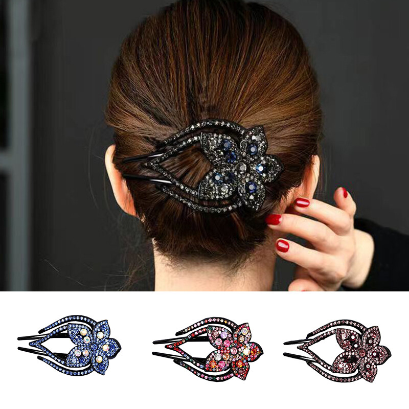 Elegante Haarspangen Für Damen – Strass & Blumen-Design In Dunkelblau, Mehrfarbig & Champagner