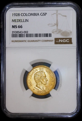 1928 GOLD 5-PESO COLOMBIA BOLIVAR MEDELLIN NGC MS66