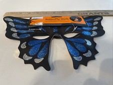 BLUE GLITTER BUTTERFLY HALF MASK Mardi Gras Halloween Costume Masquerade Black