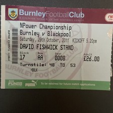 Burnley v Blackpool(Championship 2011/12) 29/10/2011 Match Ticket