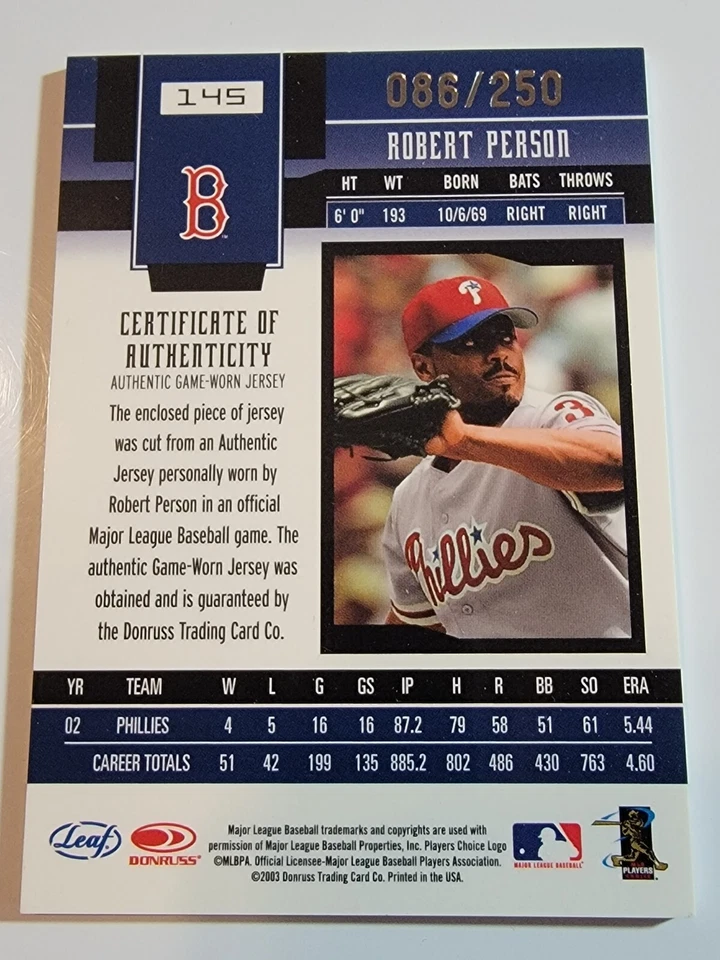 2003 Leaf Certified Materials Mirror Red #145 Robert Person Philies /250 - Image 2 of 2