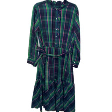 Free Assembly Modest Midi Dress Womens Sz XXL 20 Ruffle Navy/Gn Plaid Schoolgirl