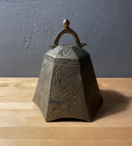 Vintage Chinese Etched Brass Gong Bell -Foo Dog Detail