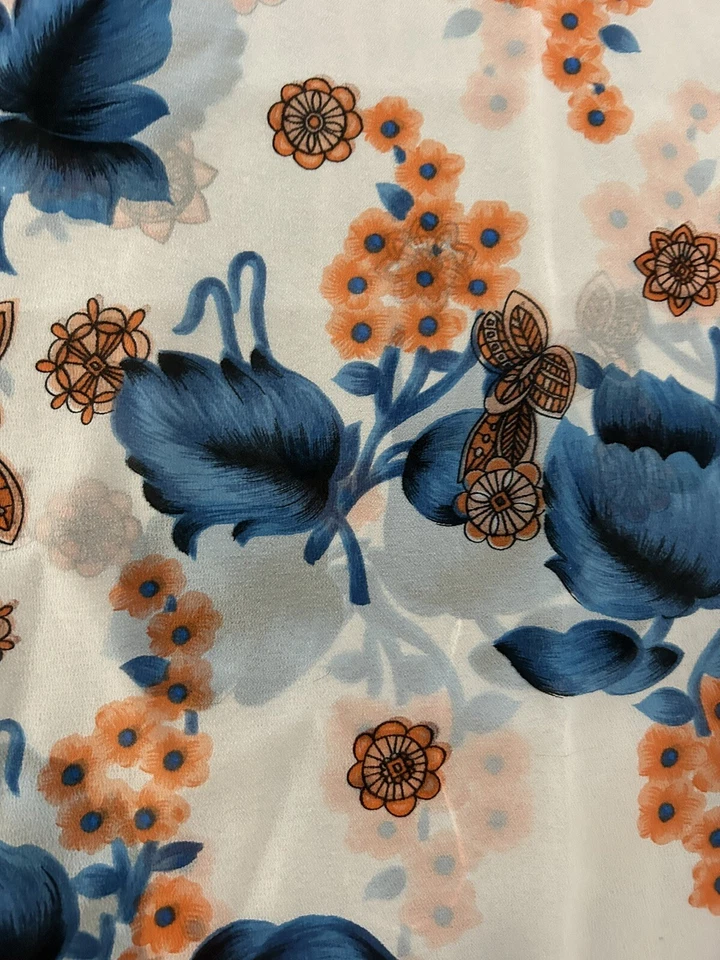 Tela de poliéster floral vintage de gasa azul naranja blanco W44”x1ydplus ENCANTADORA Foto 2 de 4