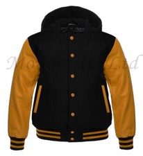 New Varsity baseball Letterman Black wool  Gold Genuine Leather Sleeves Hoodie