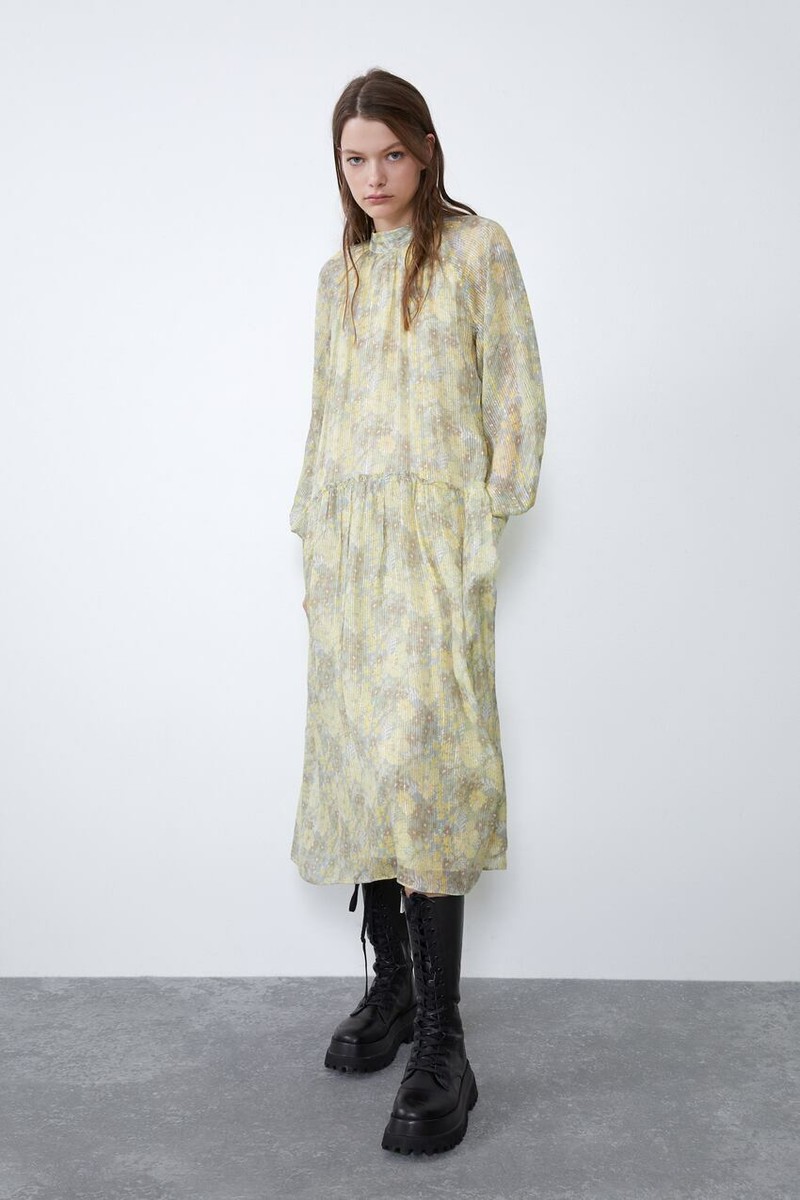 Zara METALLIC THREAD PRINTED DRESS-LIGHT YELLOW-7521/311