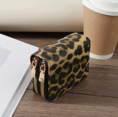 NEW WOMENS SMALL DOUBLE ZIP CREIDT CARD COIN WALLET LEOPARD BLACK