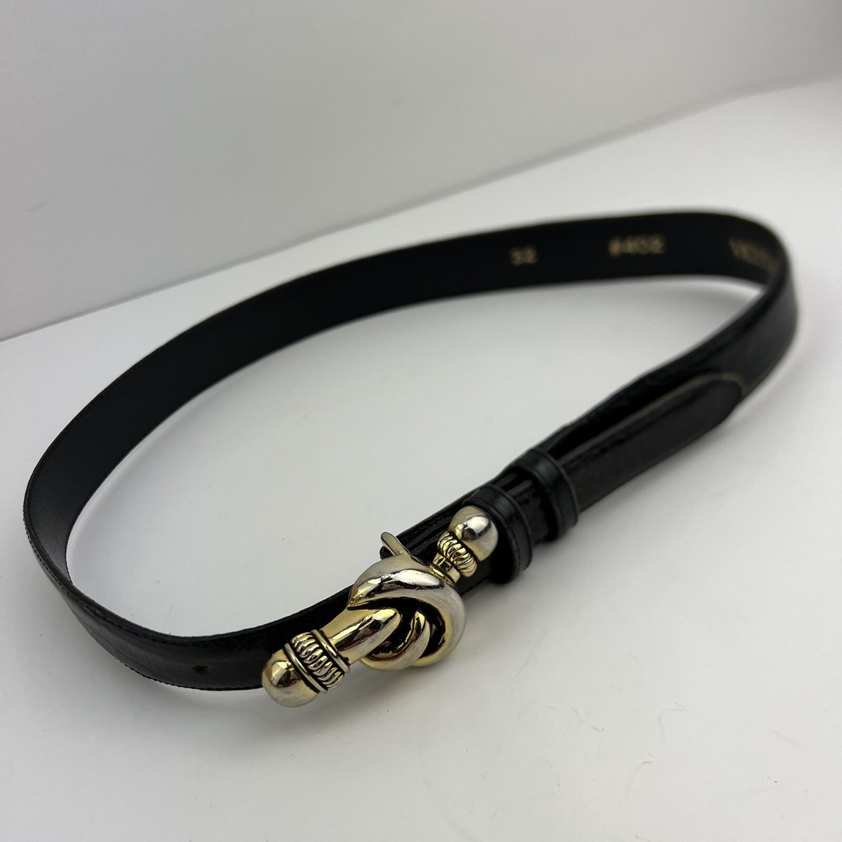 Vtg Vicenza Calfskin Black Leather Knot Silver Gold Buckle 
