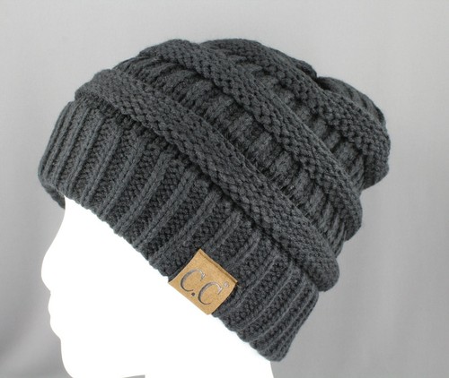 Black ski hat chunky thick ribbed knit 