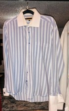 Men's Blue White Striped Dress Shirt Contrast Collar French Cuff Long Sleeve