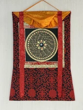 OM MANI PADME MANTRA MANDALA ORIGINAL TIBETAN THANGKA PAINTING  WITH SILK BORDER