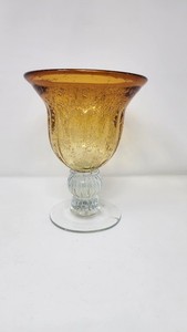 Art Glass Compote Bowl, Amber Bubble Glass, Large Centerpiece, Pedestal Vase,...
