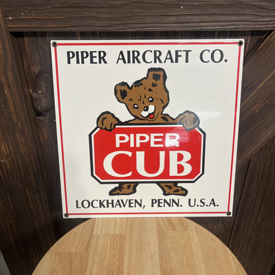 VINTAGE 12  RARE PIPER CUB BEAR PLANE AEROSPACE PORCELAIN SIGN CAR GAS OIL TRUCK