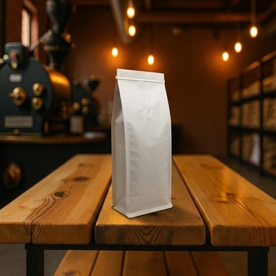 100 Count of 16 oz side gusset coffee bag in Matte White with White Tin Tie