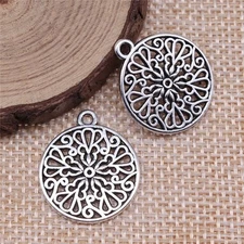 10/25PCS Antique Silver Tone Round 2 Sided Filigree Charms Pendant XCS246