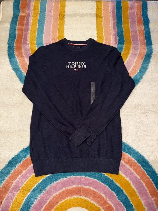 Tommy Hilfiger Men's Navy Crew Neck Pullover Sweater Cotton Embroidered Logo L