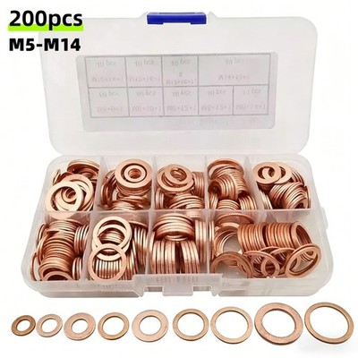 200PCS Assorted Crush Copper Gasket Seal Ring Hardware Set Metal Flat Washer