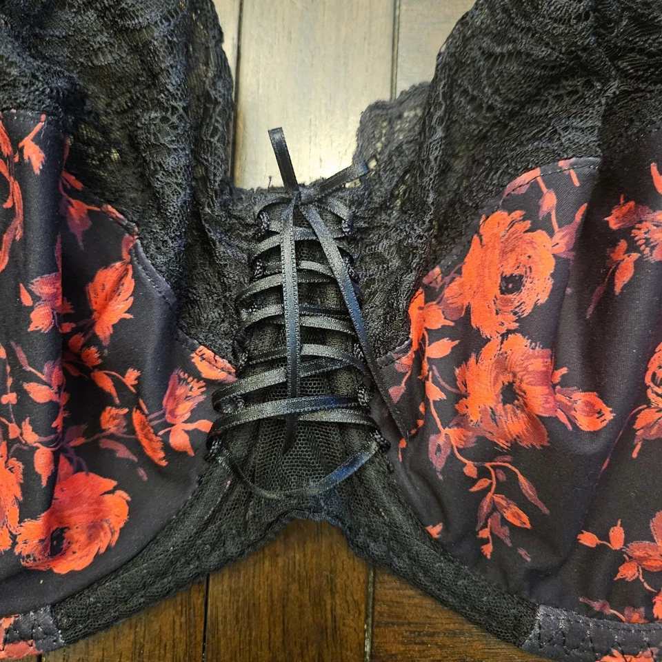 Antinea By Lise Charmel Bra Womens Size 34F Black Red Rose Floral Lace Bow Lined - Image 4 of 4