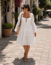 PrettyLittleThing Plus White 100% Cotton Tiered Mini Dress Puff Sleeve US 16