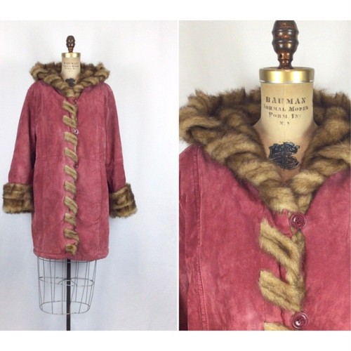 Vintage Penny Lane Style Raspberry Red Suede Leather Braided Faux Fur Hood Coat