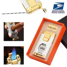 Lubinski 3 Jet Butane Torch Cigar Lighter With Metal Punch Holder Cutter White