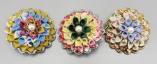 3 Handmade Fabric Beaded Brooches Floral 2” VTG 1980’s w/Faux Pearl