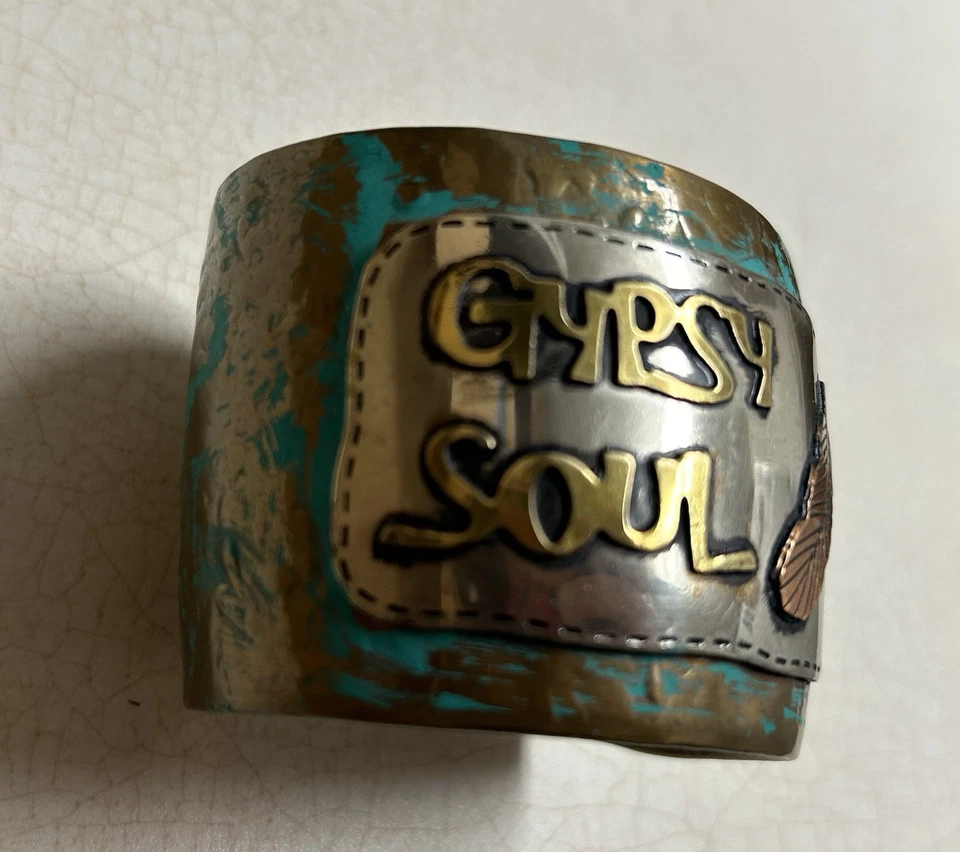 Gypsy Soul Feather Copper Brass Cuff Bohemian Style Signs Spiritual Custom - Image 2 of 4
