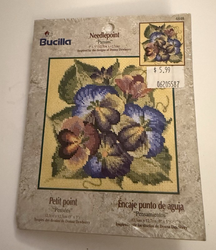 2002 Bucilla 4848 Pansies Needlepoint Kit Donna Dewberry Design Sealed 5”x5”