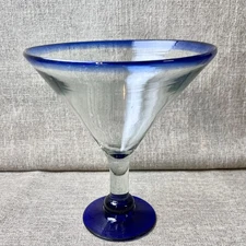 One Jumbo Clear Stemmed Blown Glass Margarita / Martini Glass with Blue Rim