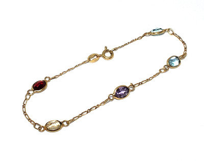 Damen 18kt Gelbgold 8'' offenes Gliederarmband mit Halbedelsteinen besetzt