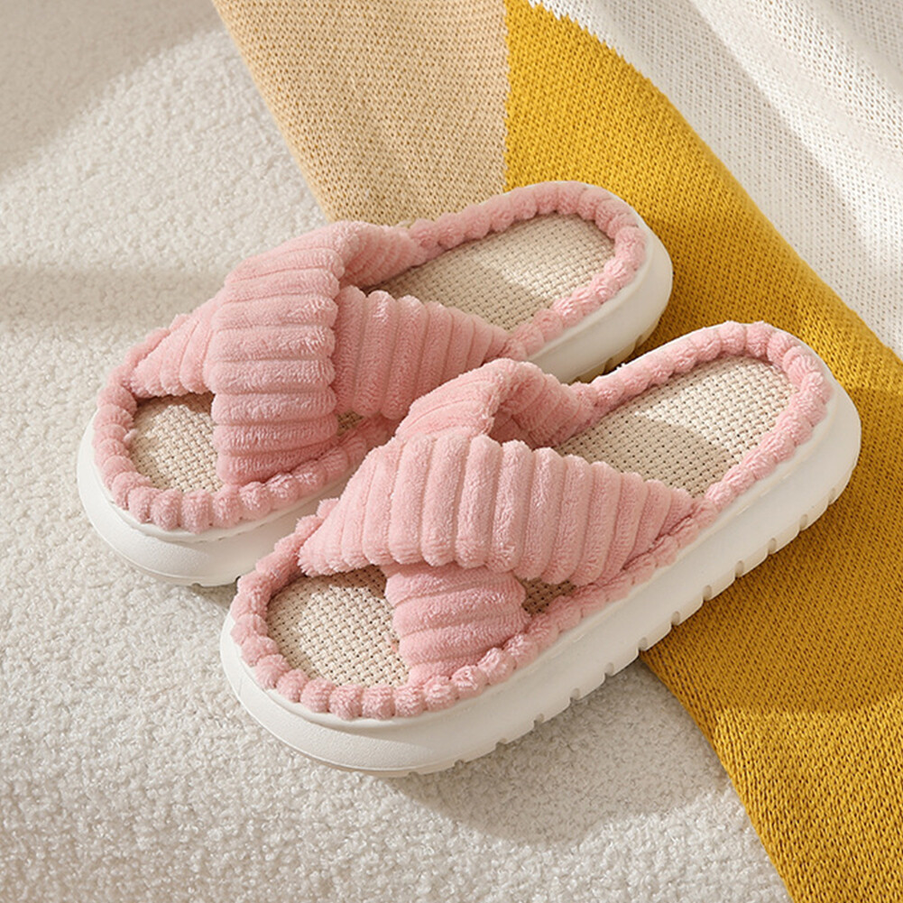 APL Pantofole da donna in lino piatto accoglienti peluche fascia incrociata morbide forniture per la casa