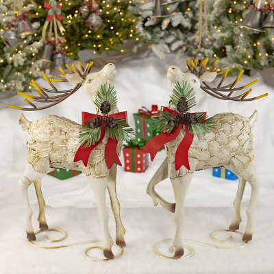 Set of 2 Iron Reindeer with Pinecone Bow